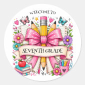 Welkom in de zevende klas retro potlood ronde sticker (Voorkant)
