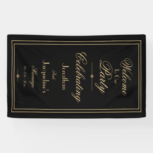 Welkom in Elegant Black & Gold Script Chic Weduwen Spandoek (Horizontaal)