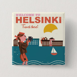 Welkom in Helsinki Finland, poster van het klassie Vierkante Button 5,1 Cm