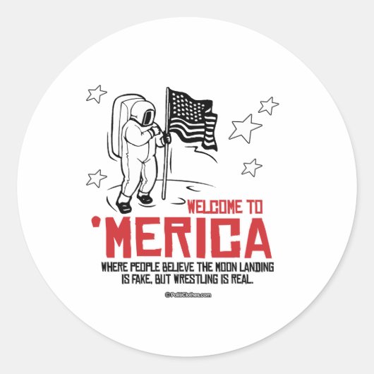 Welkom in Merica - Waar de maanlanding nep is Ronde Sticker (Voorkant)