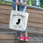 Welkom in New Jersey | State Silhouette Wedding Tote Bag<br><div class="desc">Geef je gasten een warm welkom op je bruiloft in New Jersey met een tas vol snacks en behandelt gepersonaliseerd met de staat waar je gaat trouwen en de bruid- en bruinnamen en trouwdatum. Het ontwerp kenmerkt "welkom"in modern handgeschreven kalligrafiescript samen met de namen van de bruid en van de...</div>