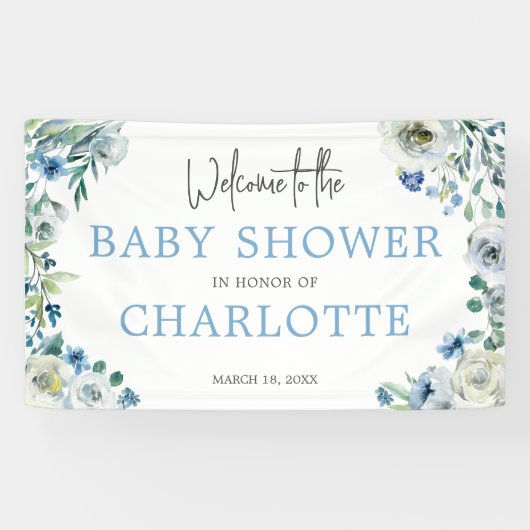 Welkom in ons Baby shower Elegant Blue Floral Spandoek (Horizontaal)