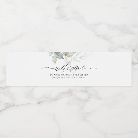 Welkom in ons gelukkig ooit na Greenery Waterfles Etiket (Enkel label)