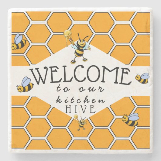 Welkom in onze keukenbijenkorf stenen onderzetter (Voorkant)