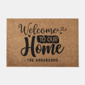 Welkom in onze thuisfamilie Faux Burlap Doormat Deurmat (Voorkant)