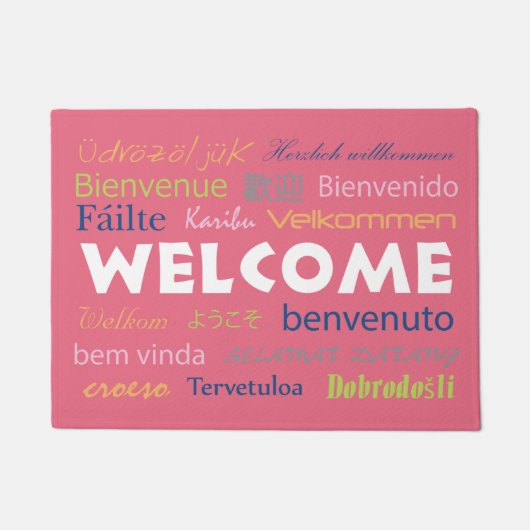 Welkom in vele talen Roze Achtergrond Deurmat (Voorkant)