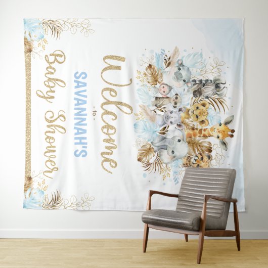 Welkom jongen Tropisch Safari Dieren Baby Shower Wandkleed (In Situ (horizontaal))