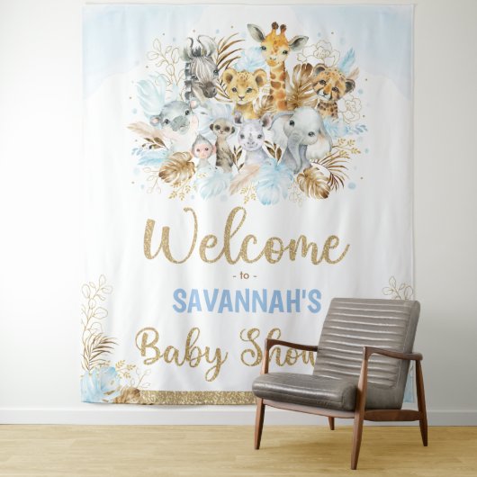 Welkom jongen Tropisch Safari Dieren Baby Shower Wandkleed (In situ)