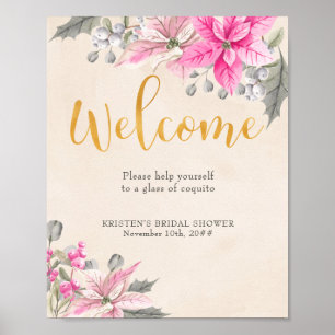 Welkom kalligrafie Roze Poinsettia Beverage Tabel Poster