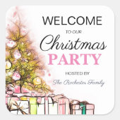 Welkom kerstboomfeest in Cute Pink Vierkante Sticker (Voorkant)