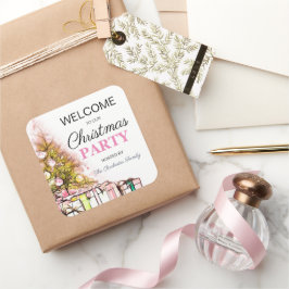 Welkom kerstboomfeest in Cute Pink Vierkante Sticker