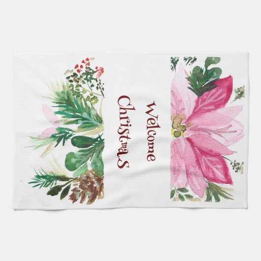 Welkom Kersthanddoek, Roze/Groene Poinsettia Theedoek (Horizontaal)