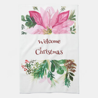 Welkom Kersthanddoek, Roze/Groene Poinsettia Theedoek