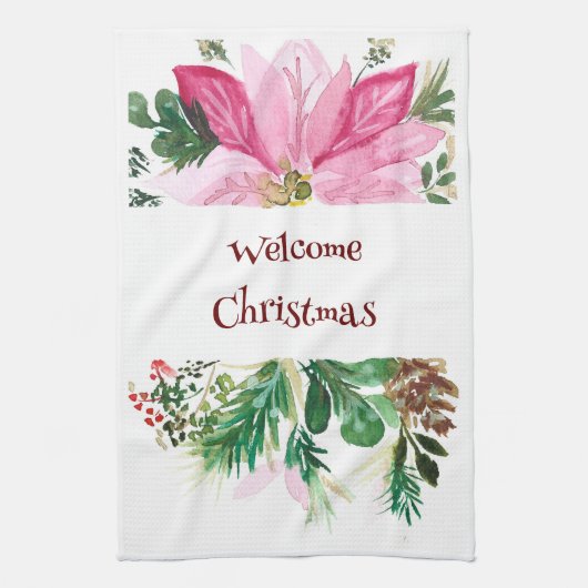 Welkom Kersthanddoek, Roze/Groene Poinsettia Theedoek (Verticaal)