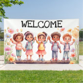 Welkom, kinderen met bloemen spandoek (Buitenkant)