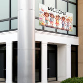 Welkom, kinderen met bloemen spandoek (Buitenkant Gebouw)