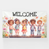 Welkom, kinderen met bloemen spandoek (Horizontaal)