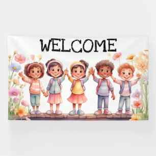 Welkom, kinderen met bloemen spandoek