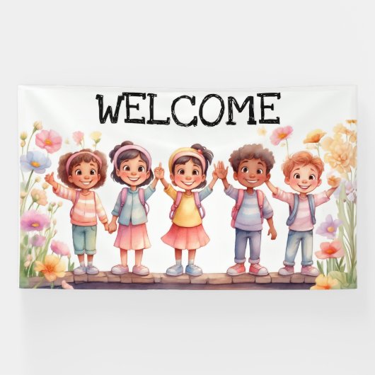 Welkom, kinderen met bloemen spandoek (Horizontaal)