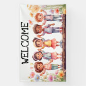 Welkom, kinderen met bloemen spandoek (Verticaal)