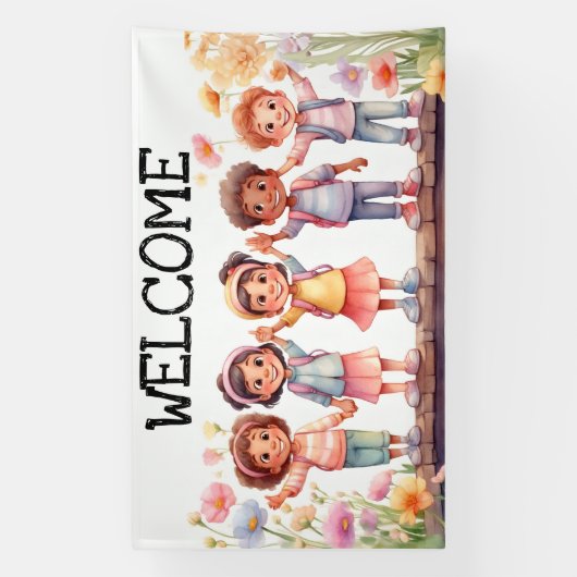 Welkom, kinderen met bloemen spandoek (Verticaal)