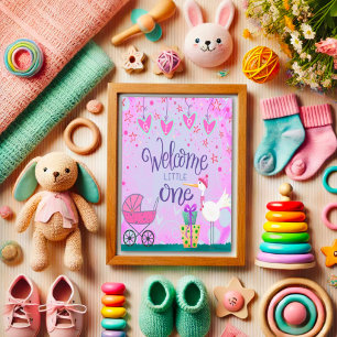 Welkom Kleine Een Baby Meisje Leuke Ooievaar Wande Kaart