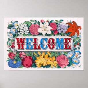 Welkom Lettering Rozen Lelies Bloementuin Poster