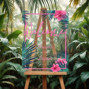 Welkom Leuk Neon Roze Tropische Bloemen Palm Bruil Acryl Bord