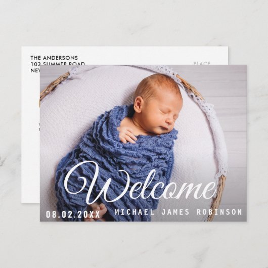 WELKOM, leuk script baby aankondiging briefkaart (Voorkant / Achterkant)