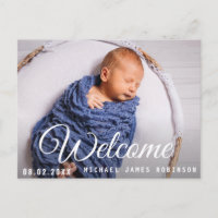 WELKOM, leuk script baby aankondiging briefkaart