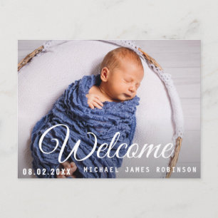 WELKOM, leuk script baby aankondiging briefkaart