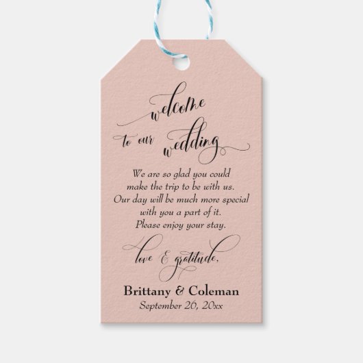 Welkom Liefde & Dankbaarheid Blush Roze Trouwen Cadeaulabel (Voorkant)
