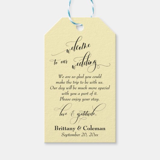 Welkom Liefde & Dankbaarheid Lichtgele Bruiloft Cadeaulabel (Voorkant)