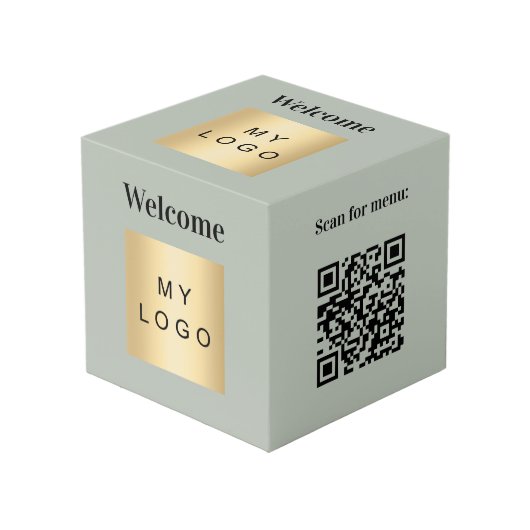 Welkom logo QR-code olijfgroene menutabel Kubus (Voorkant hoekig)
