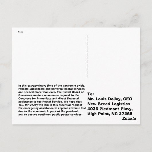Welkom Louis DeJoy bij de USPS Briefkaart (Achterkant)
