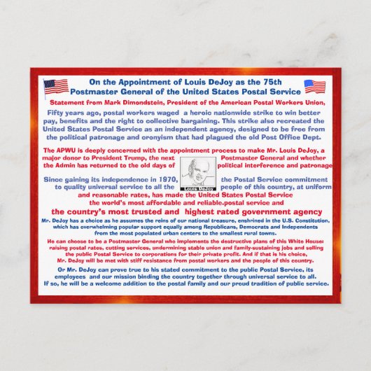 Welkom Louis DeJoy bij de USPS Briefkaart (Voorkant)