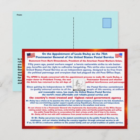 Welkom Louis DeJoy bij USPS#108 Briefkaart (Voorkant / Achterkant)