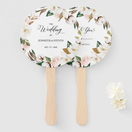 Welkom Magnolia Cotton & Floral Wedding Handwaaier (Voorkant en achterkant)