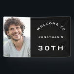 Welkom man 30th Birthday Party Foto zwart Spandoek<br><div class="desc">Welkom man 30th Birthday Party Foto Black. Een volledig aanpasbaar ontwerp,  vervang eenvoudig de steekproeffoto met uw eigen hoge resolutie en personaliseer de tekst aan uw details. U kunt de zwarte achtergrond en de witte tekstkleur en de stijl ook veranderen als u via de Customize Verdere optie wenst.</div>