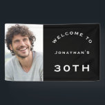 Welkom man 30th Birthday Party Foto zwart Spandoek<br><div class="desc">Welkom man 30th Birthday Party Foto Black. Een volledig aanpasbaar ontwerp,  vervang eenvoudig de steekproeffoto met uw eigen hoge resolutie en personaliseer de tekst aan uw details. U kunt de zwarte achtergrond en de witte tekstkleur en de stijl ook veranderen als u via de Customize Verdere optie wenst.</div>