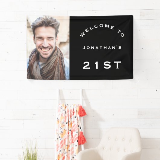 Welkom mannen 21e verjaardag Foto zwart Spandoek (Insitu)