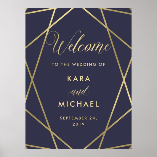 Welkom marineblauw modern gouden diamanten bruilof poster (Voorkant)