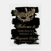 Welkom Masquerade black gold glitter Sweet 16 Acryl Bord (Voorkant)