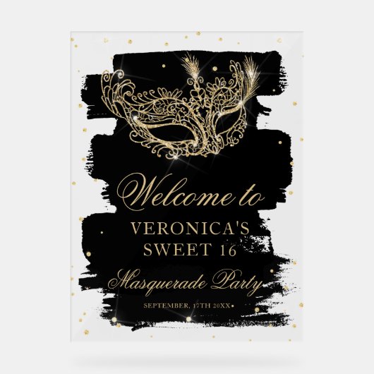 Welkom Masquerade black gold glitter Sweet 16 Acryl Bord (Voorkant)