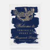 Welkom Masquerade blauw goud glitter Sweet 16 Acryl Bord (Voorkant)