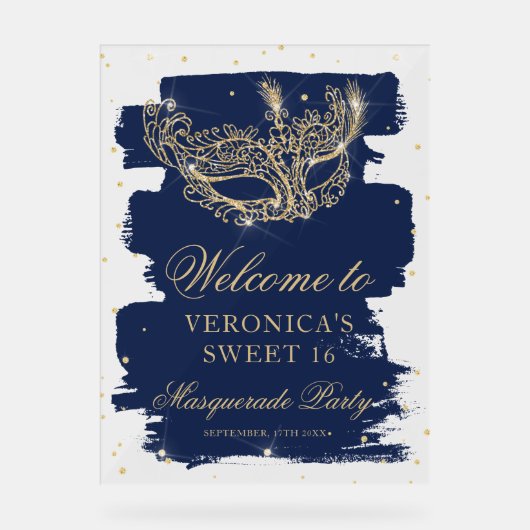 Welkom Masquerade blauw goud glitter Sweet 16 Acryl Bord (Voorkant)
