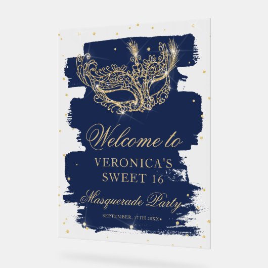 Welkom Masquerade blauw goud glitter Sweet 16 Acryl Bord (Hoek)