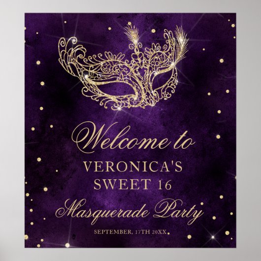 Welkom Masquerade paarse gouden glitter Sweet 16 Poster (Voorkant)