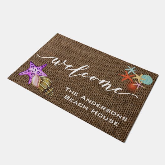 Welkom Mat Beach House Burlap gepersonaliseerd (Schuin)