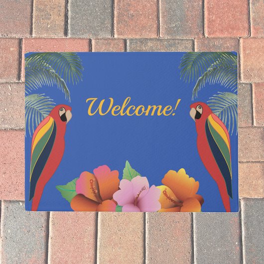 Welkom met tropische papegaaien en hibiscusbloemen deurmat